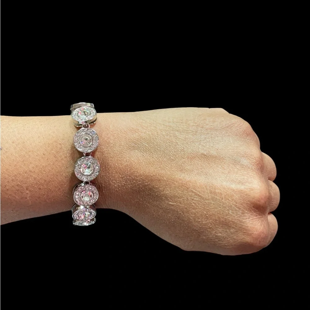 Elegant Silver Tennis Bracelet With Halo White Cut Cluster Crystals